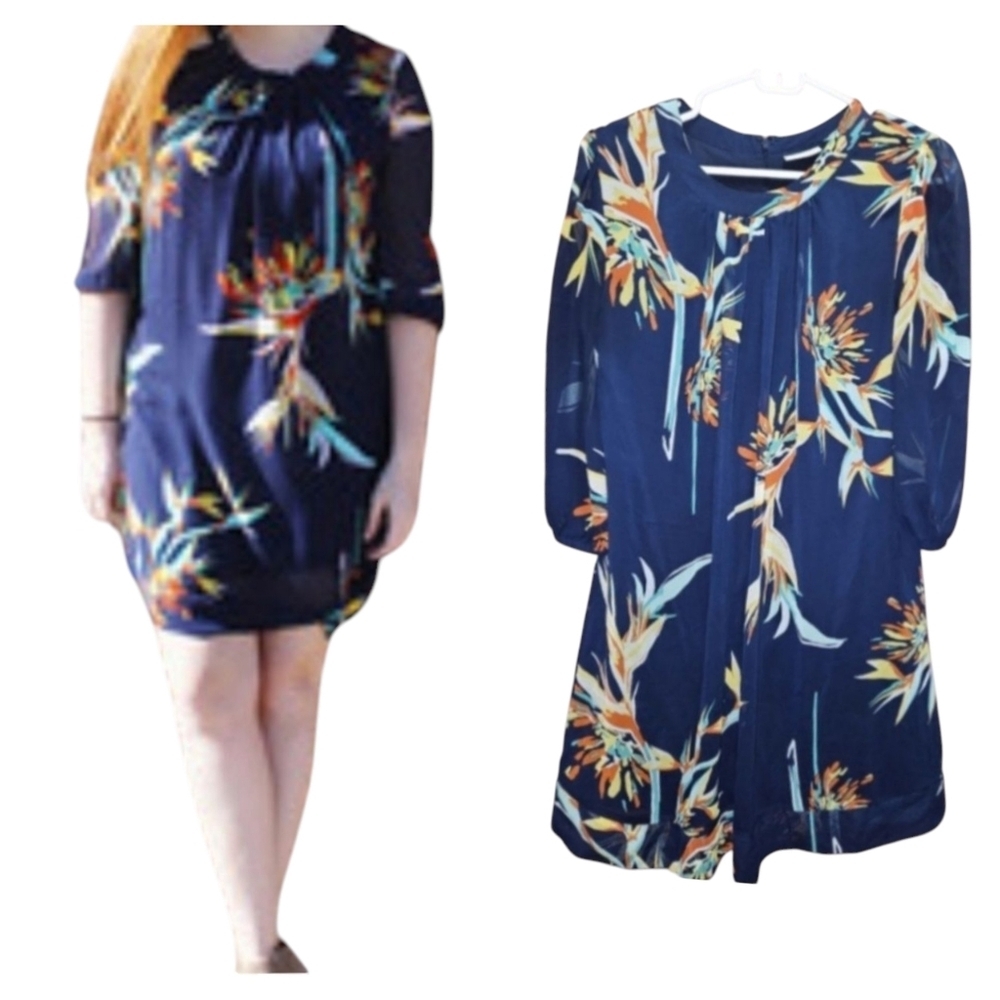 Eva Mendes Women's Floral Dress Size Medium Navy Blue